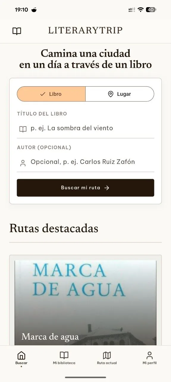 LiteraryTrip screen showing book and city search results